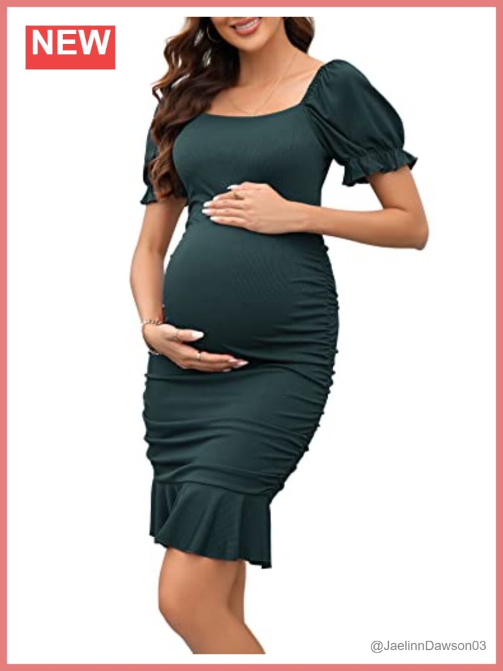Maternity Bodycon Dress Puff Short Sleeve Ruffle Hem Smocked Baby Shower